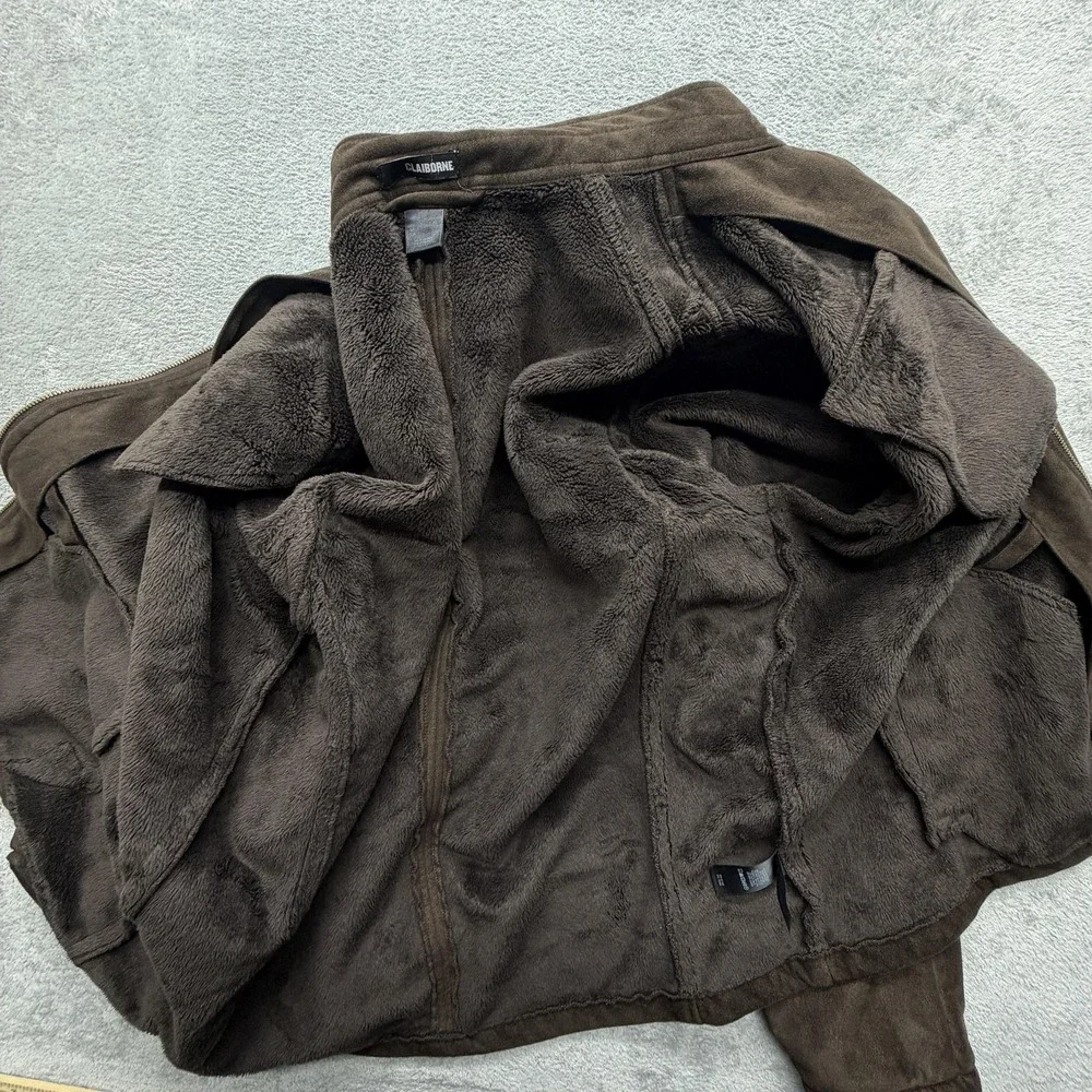 Claiborne Jacket Mens XL Brown Faux Suede Fleece Lined Full Zip Bomber‎ Winter